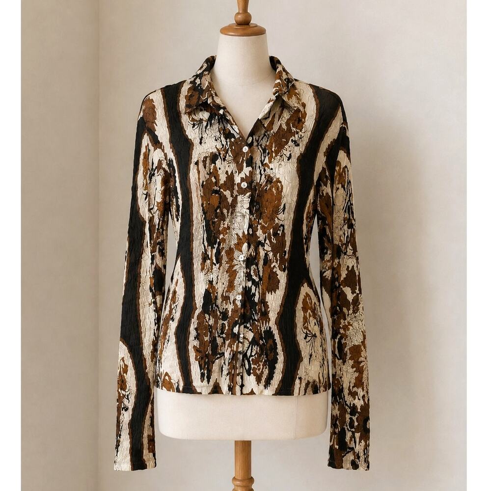 Vintage Alberto Makali XL Crinkle Blouse Y2K Earth Tone Whimsigoth Beaded Artsy